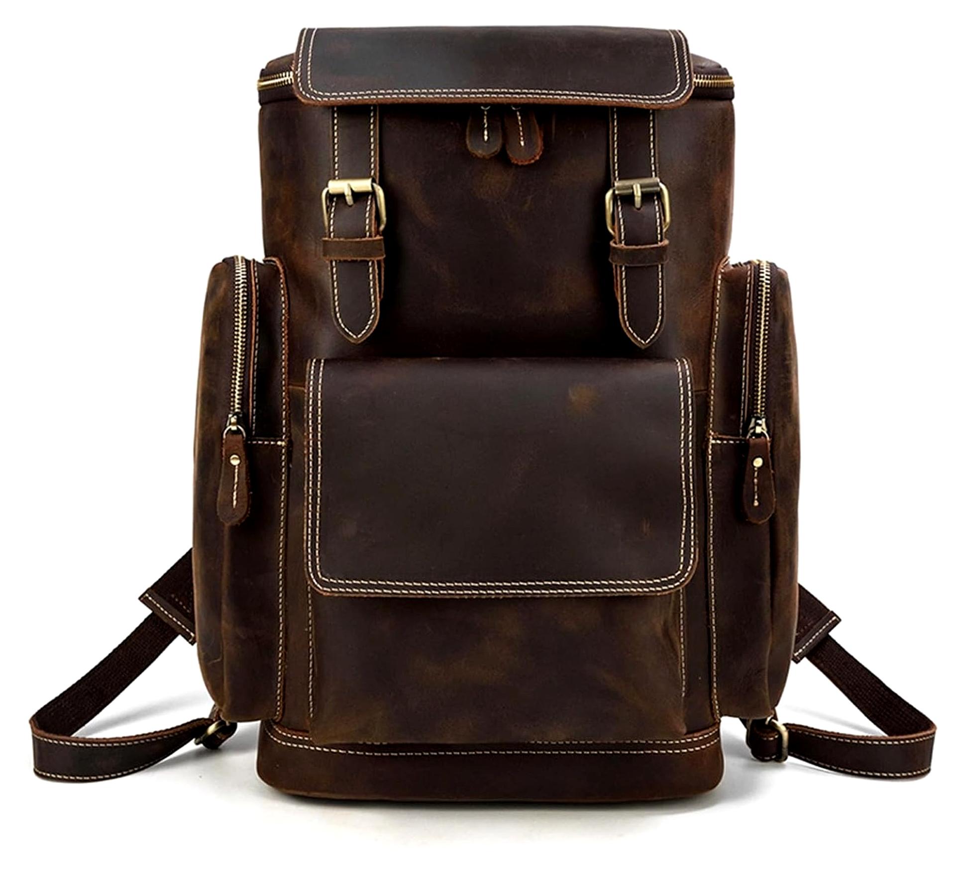 Herren-Lederrucksack und Umhängetasche, Schultasche und Reisetasche für Camping, Outdoor und Sport, Dunkelbraun - 42x34x15cm