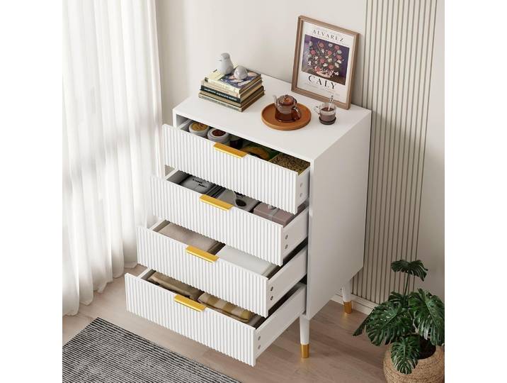 Commode à 4 tiroirs avec rangement, commode avec poignées en métal, table de chevet minimaliste moderne, armoire de rangement pour la maison