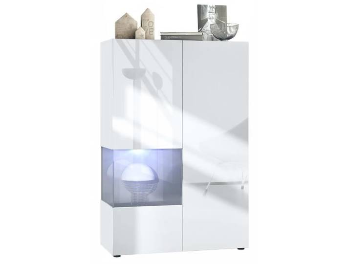 Vladon Vitrine Morena V2 avec 2 portes et insert en verre blanc mat - blanc haute brillance - gris haute brillance avec LED