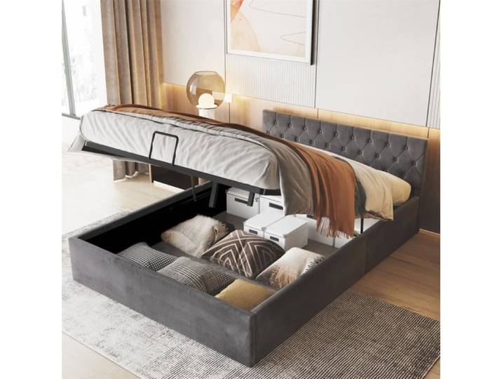 Dripex Lit Double 140 x 200 cm Lit Adult avec sommier velours-tissu Sommier à lattes Gris
