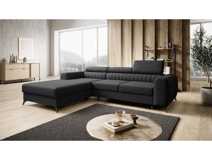 Muffo Ecksofa Ecksofa Mone, Verstellbare Kopfstützen, Schlaffunktion, Aufbewahrung von Bettzeug, elegante Nähte