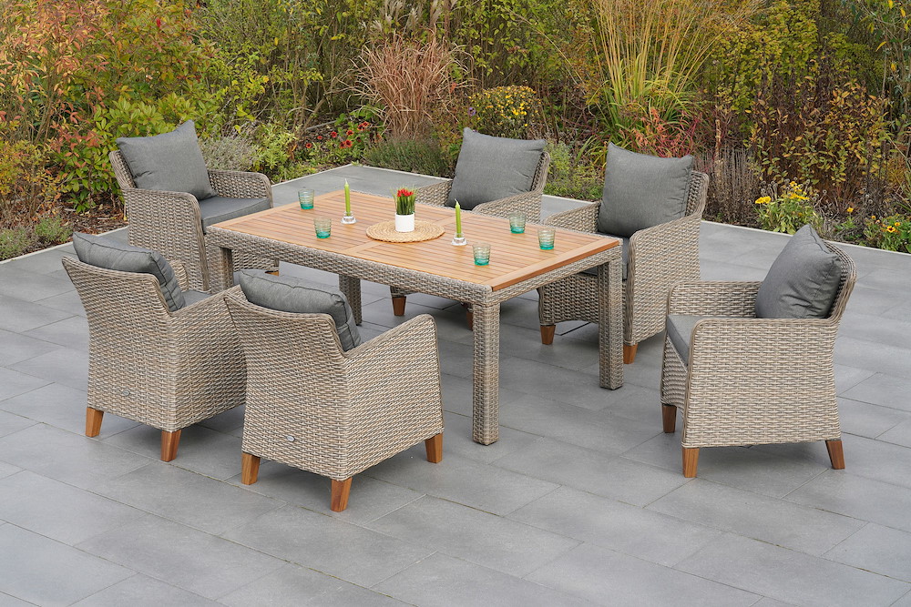 MERXXHANDELS Avellino Set 7tlg 6 Sessel Tisch 180x100cm Kissen 16946486