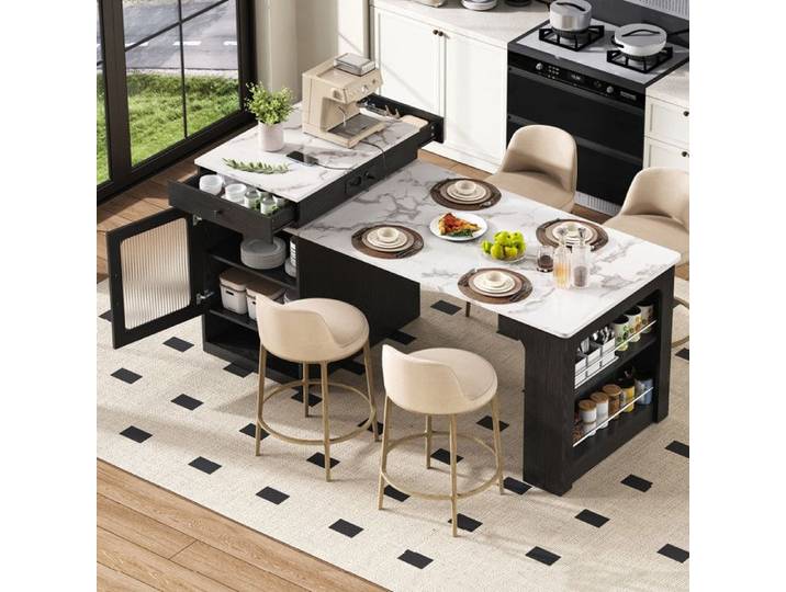 Un îlot de cuisine sur roulettes une table à manger escamotable un plateau amovible et un comptoir de bar avec prises