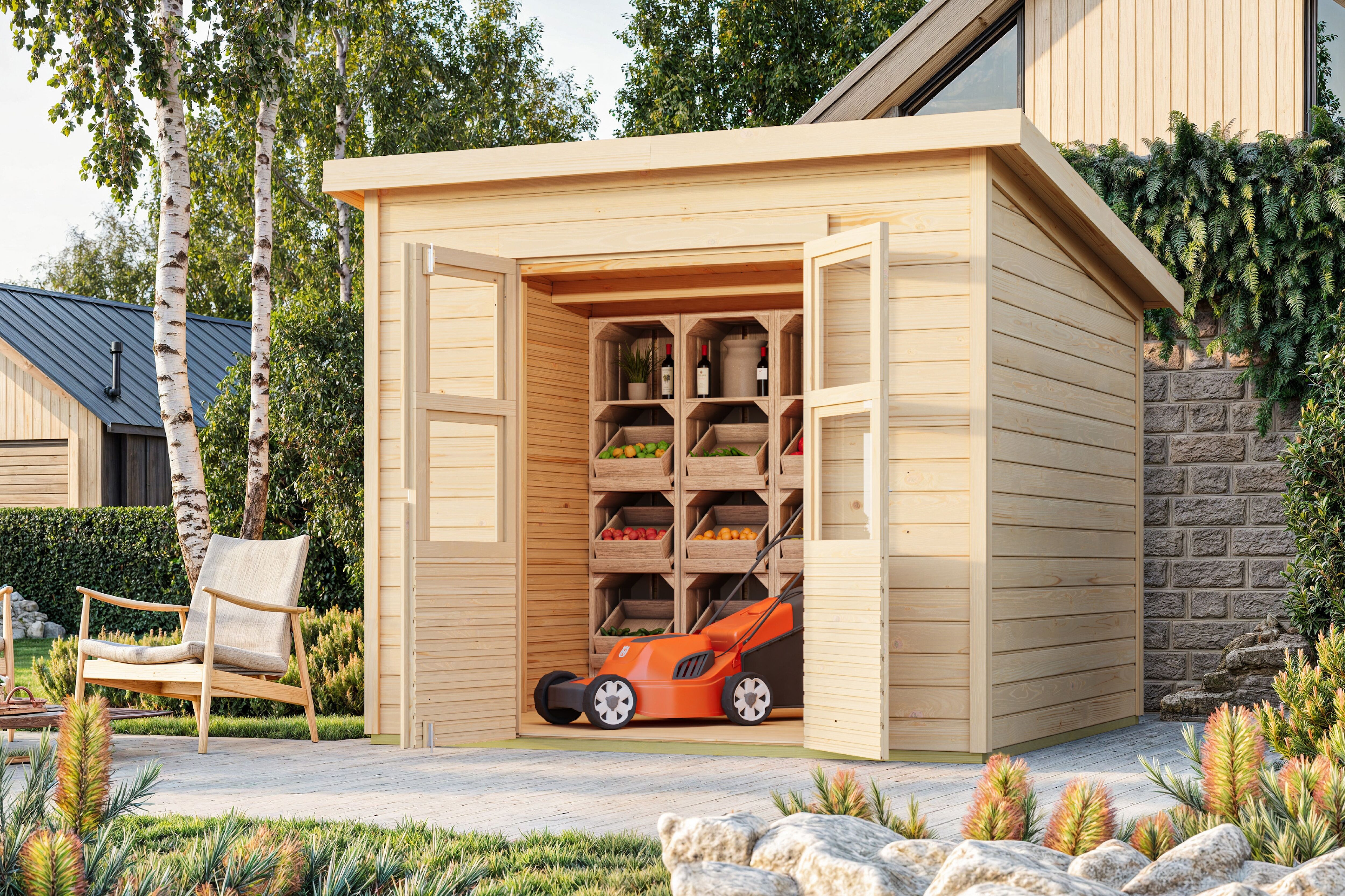 Gartenhaus KONIFERA "Akamaru 6", beige (naturbelassen), Fußboden im Gartenhaus, Dachfolie, Massivholz, Gartenhäuser, Gartenhaus