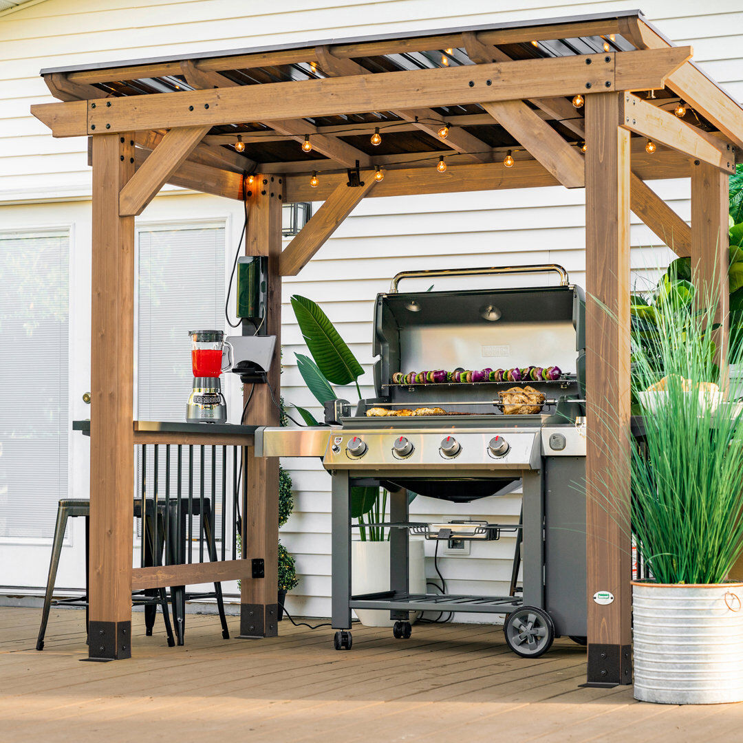 Backyard Discovery Saxony Grill/BBQ Gazebo Solid 100% Cedar Wood for Patio and Gardens   2.3m x 1.6m Black 238.05cm W X 163cm D X 224.33cm H