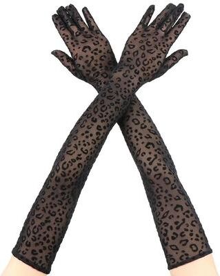 Inspired Living "Leopard Print Mesh Opera Gloves 21.7"" Sexy Lace Cosplay & Stage Gloves black"