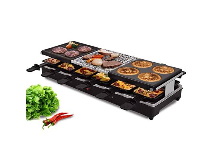 Syntrox Germany RAC-1350W-Oberwil Multifunktionelles Raclette mit Grill Platte, Pancake Platte und Heißer Stein für 12 Personen