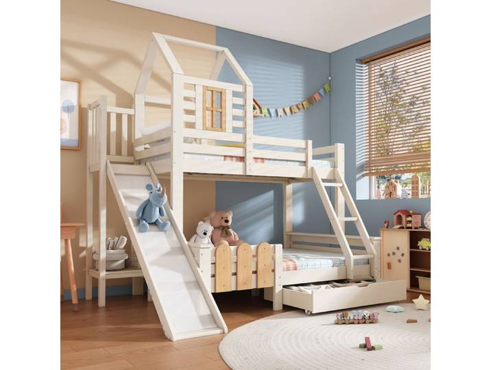 Lit Cabane Enfants 90x200 & 140x200 cm avec Toboggan et fenêtre Lit Superposé avec Tiroir Coulissant pour frères et sœurs Blanc