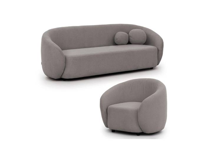 S-Style Sitzgarnitur 3+1 Roundi Grau Bouclé, Echtholz, Teilmassiv,Birke, Füllung: Silikon, Rund, 208x76x80 cm, Wohnzimmer, Sofas & Couches, Sitzgarnituren