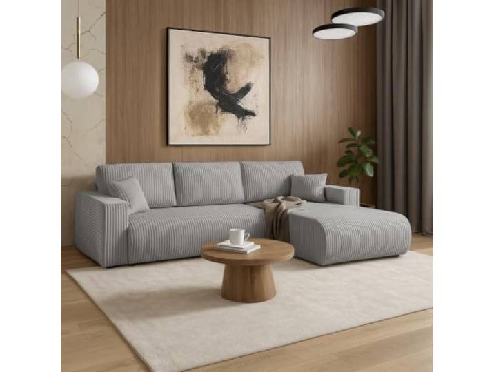 BEAUTY SOFA Ecksofa Porto mit Schlaffunktion und Bettkasten, Universelle Ottomane, Liegefläche 243 x 130 cm, Cordstoff TILIA, Hellgrau (Tilia 86)