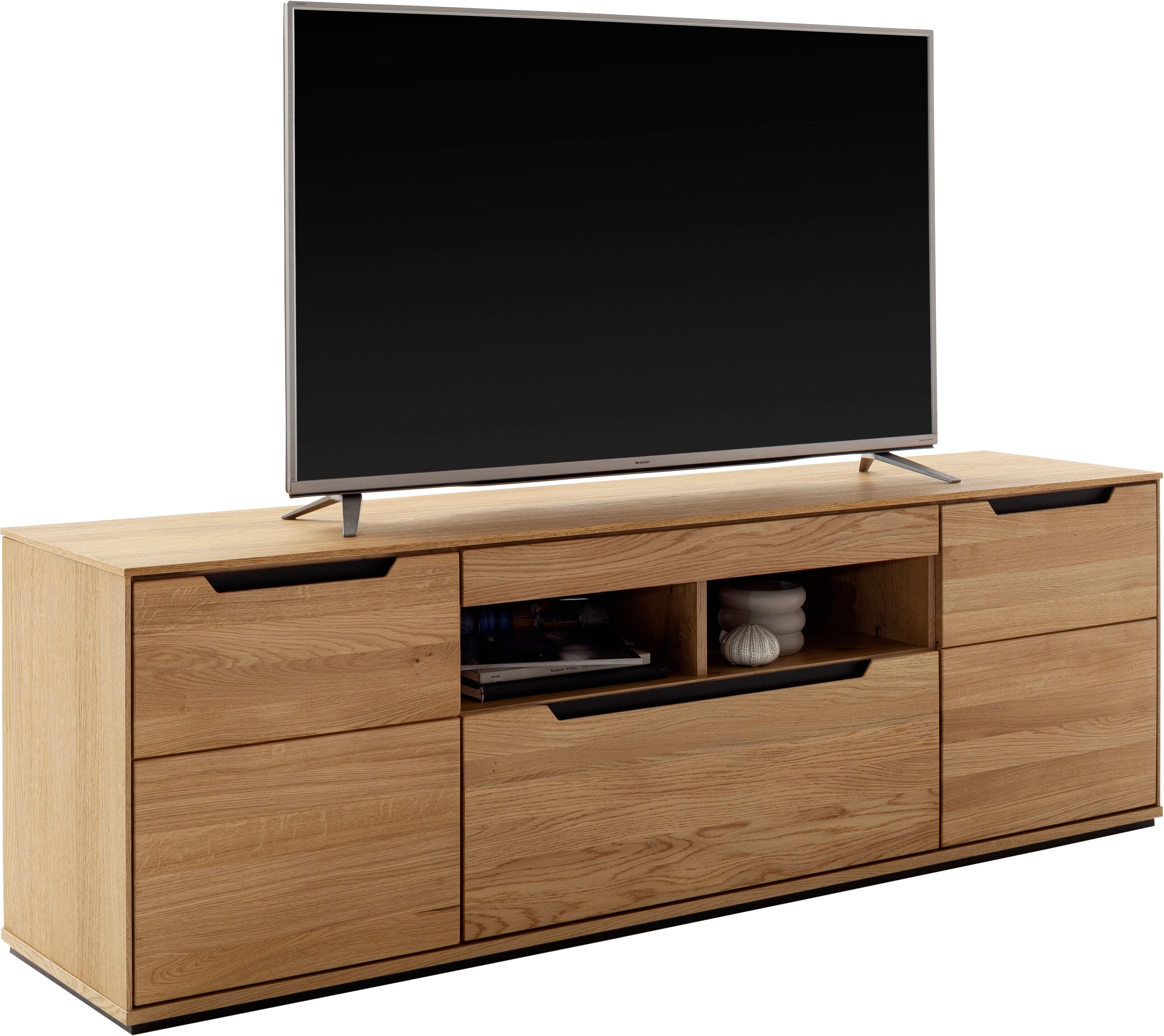 TV-Schrank MCA LIVING "Araya TV-Lowboard", braun (eichenfarben), B:192,5cm H:62cm T:45,5cm, Holzwerkstoff, Massivholz, Schränke, TV-Schrank, Schubkasten gedämpft eichenfarben eichenfarben, B/H/T: 192,5cm x 62cm x 45,5cm, Türen: 2 Stk., Komplettausführung