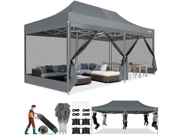 Faltpavillon 3x6 m mit Moskitonetz, wasserdicht, UV-Schutz 50+, 6 Seitenwände, Grau
