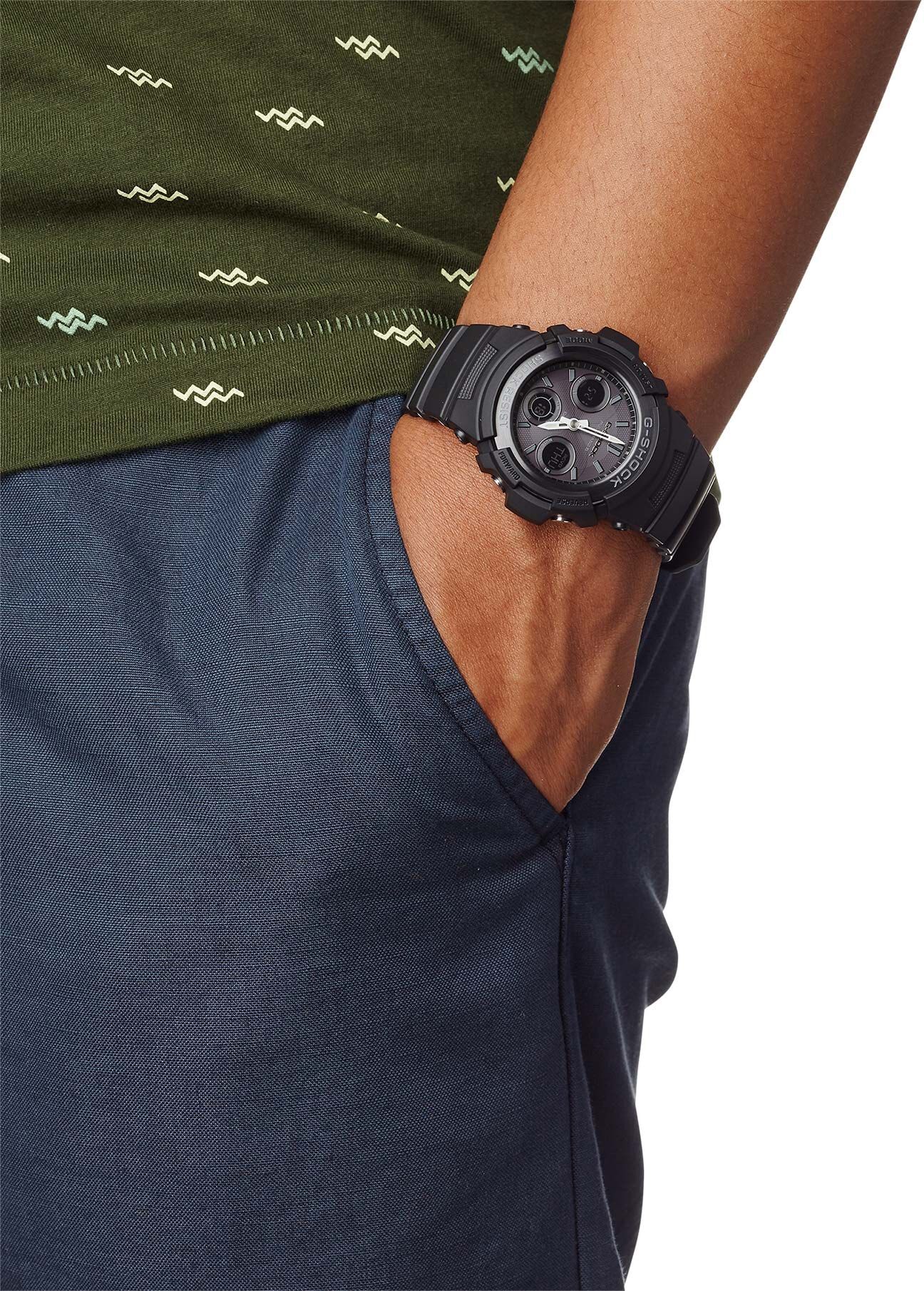 Funkchronograph CASIO G-SHOCK, schwarz (grau, schwarz, schwarz), Armbanduhren, Herren, schwarz, Funkchronograph, Solaruhr, Armbanduhr,Herrenuhr,digital bis 20 bar wasserd.Resinarmband