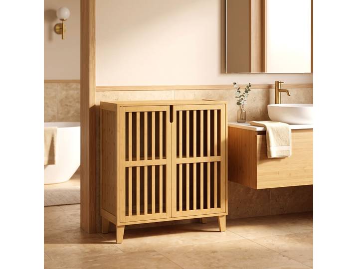 HOMCOM Meuble Salle de Bain Bambou 2 Portes Étagère Réglable