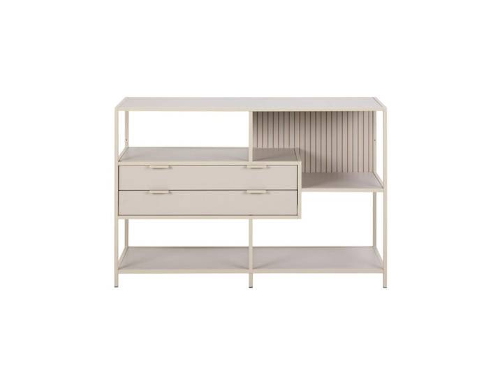 Bibliothèque basse scandinave 2 tiroirs et 3 étagères métal grège