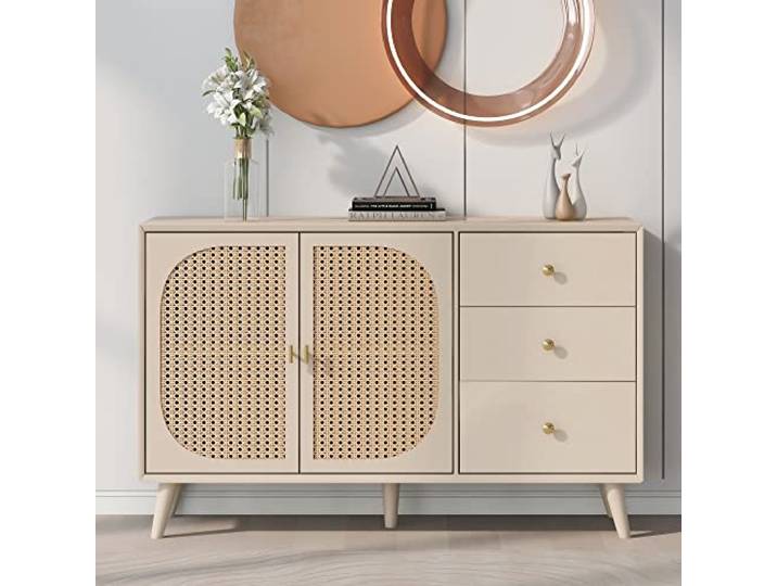 BTM Esszimmer Wohnzimmer Sideboard Kommode Stehschrank, Türen Schubladen großem Stauraum Offwhite Creme, Breite 120x40x82cm