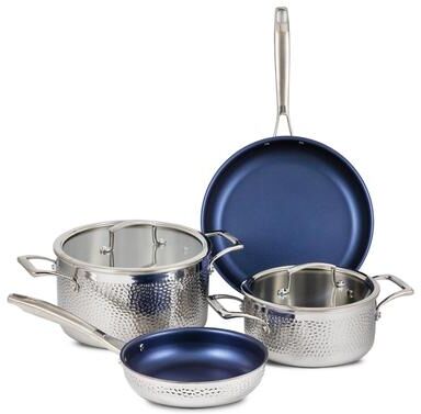 Blue Jean Chef 6-Piece Stainless Steel Cookware Set, Hammered Finish, Tri-Ply Construction Clad Cookware, Nonstick