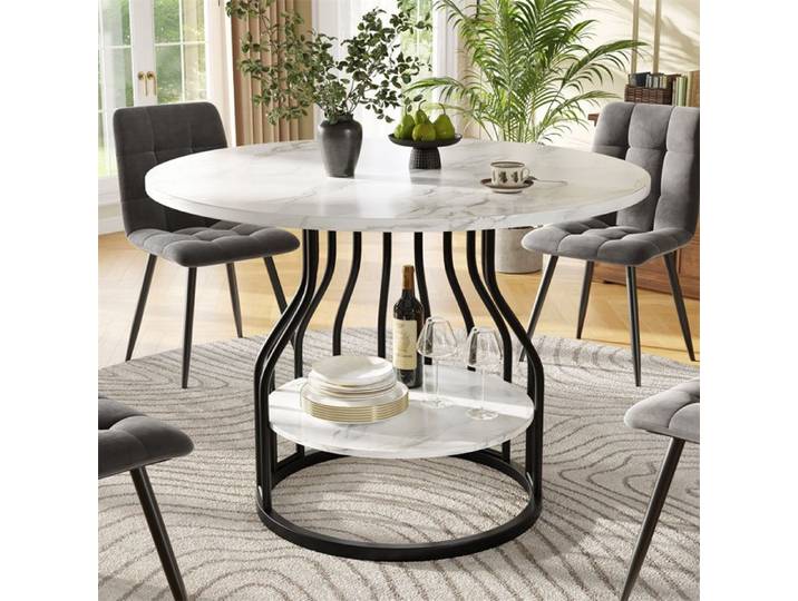Table Ronde Salle Manger 80×80×76 cm Table à Manger Ronde Plateau Marbre MDF Table Cuisine avec Plateau Central de Rangement