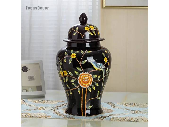 Vase à fleurs en céramique avec couvercle, pot vidéo noir, grand pot de temple floral de luxe européen en porcelaine, décoration artistique vintage