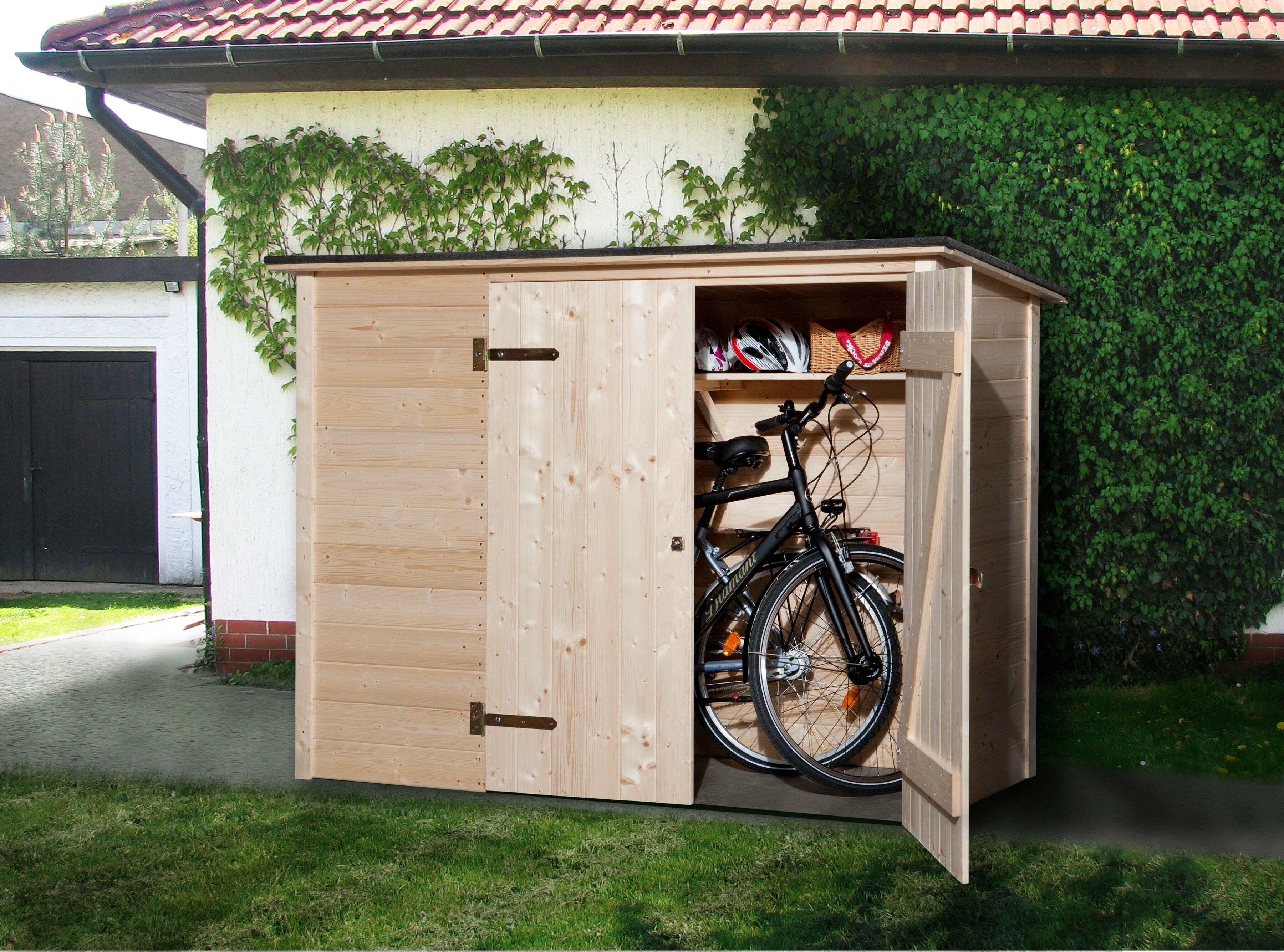 Fahrradbox WEKA, beige (natur), B:205cm H:151cm T:84cm, Massivholz, Aufbewahrungsboxen, Fahrradbox, Mülltonnenbox, BxTxH: 205x84x151 cm