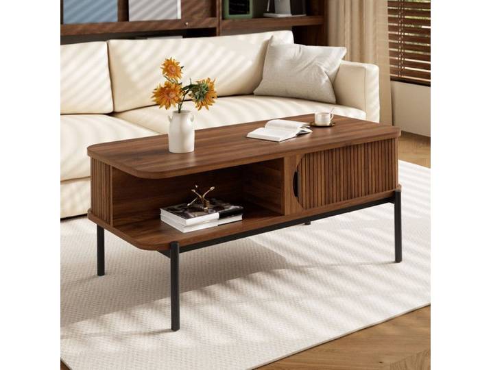 Piaenon - Table Basse rectangulaire 100x45x43cm avec 2 Portes Rangement 40kg Design Moderne Salon - Noyer
