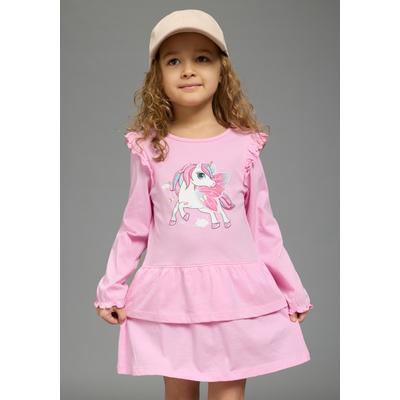 Jerseykleid KIDSWORLD "Süßes Shirtkleide mit Einhorn-Druck", Mädchen, Gr. 140/146, N-Gr, Langarm, Single Jersey, rosa (pink), Single Jersey, Obermaterial: 100% Baumwolle, bedruckt, ausgestellt, Rundhals, mit Gummizug, Kleider Jerseykleid, für...