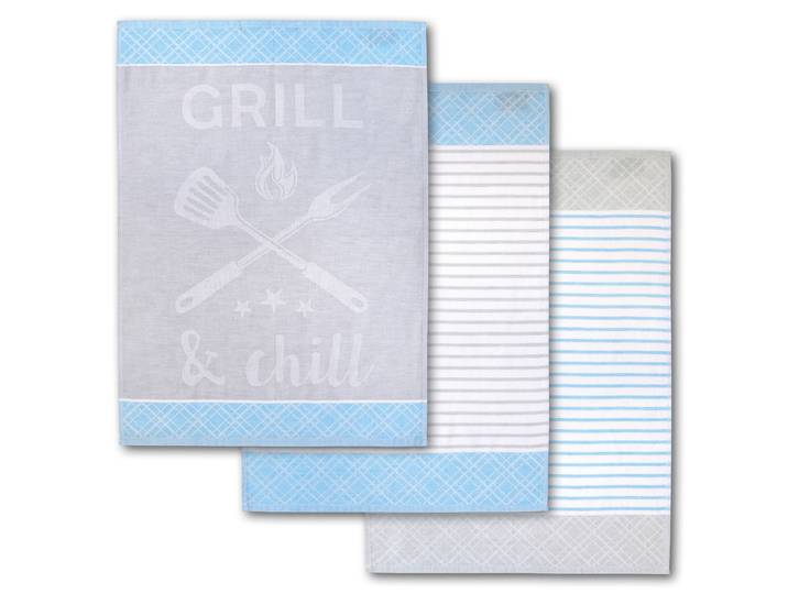 Geschirrtuch DYCKHOFF Grill & Chill, mit 3 verschiedenen Motiven, Masse je Tuch ca. 50x70 cm , blau (aqua), B:50cm L:70cm, 100% Baumwolle, Geschirrtücher, Geschirrtuch, aus 100% Baumwolle, mit Grillbesteck-Motiv und Schriftzug