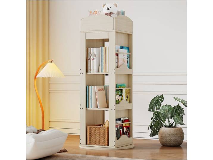 WOVREO Bibliothèque rotative 360° 63 x 63 x 142 cm 4 étagères en MDF décor bois naturel