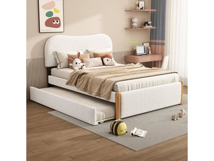 Lit double - DREAMMESPACE - 140x200 cm - Blanc - Lit gigogne - Tête de lit incluse