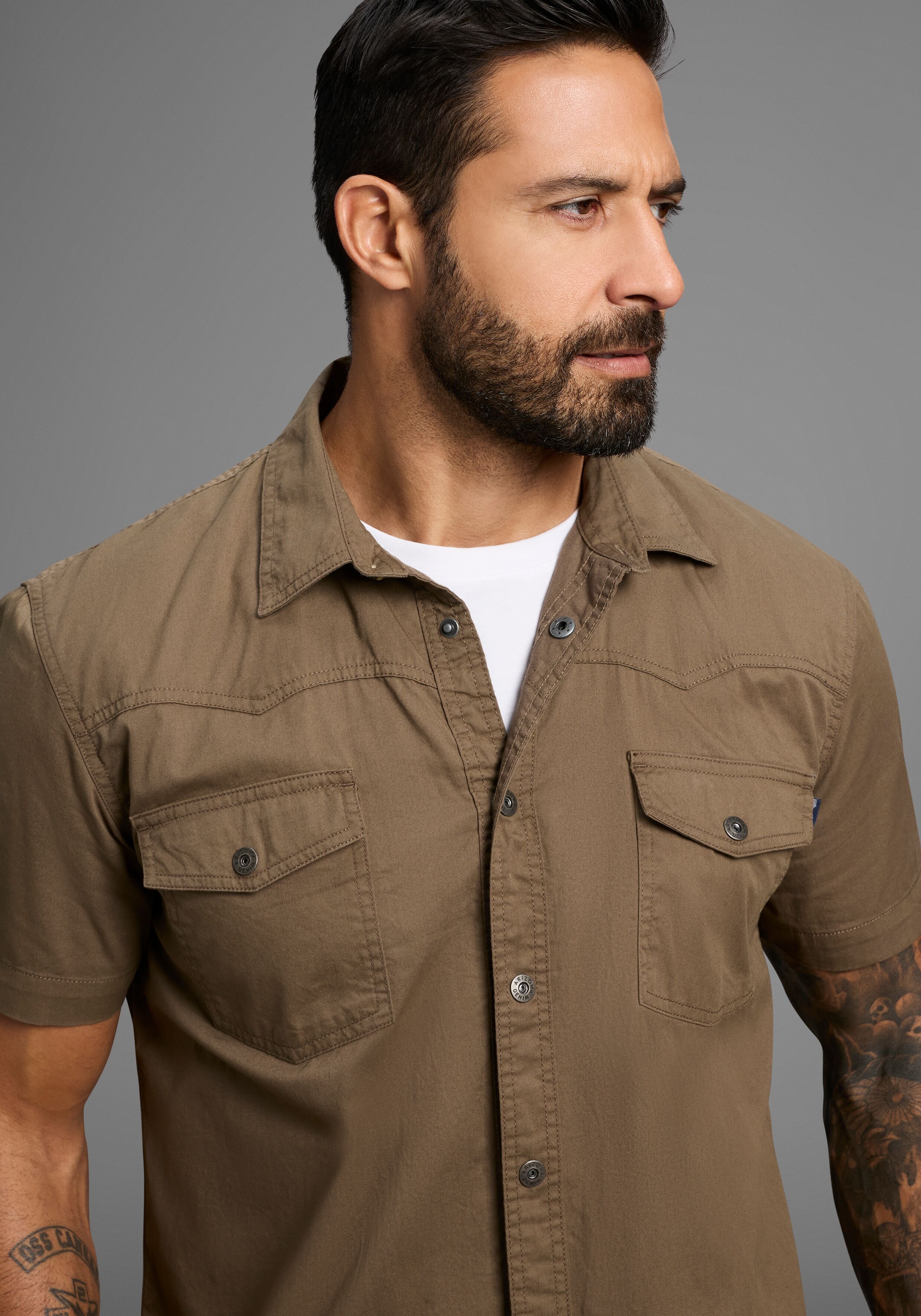 Kurzarmhemd ARIZONA, Herren, Gr. 43/44 (XL), N-Gr, grün (olive), Obermaterial: 100% Baumwolle, Basic, normal normal, Hemden Kurzarmhemd, im Western-Stil olive 43/44 (XL), N-Gr