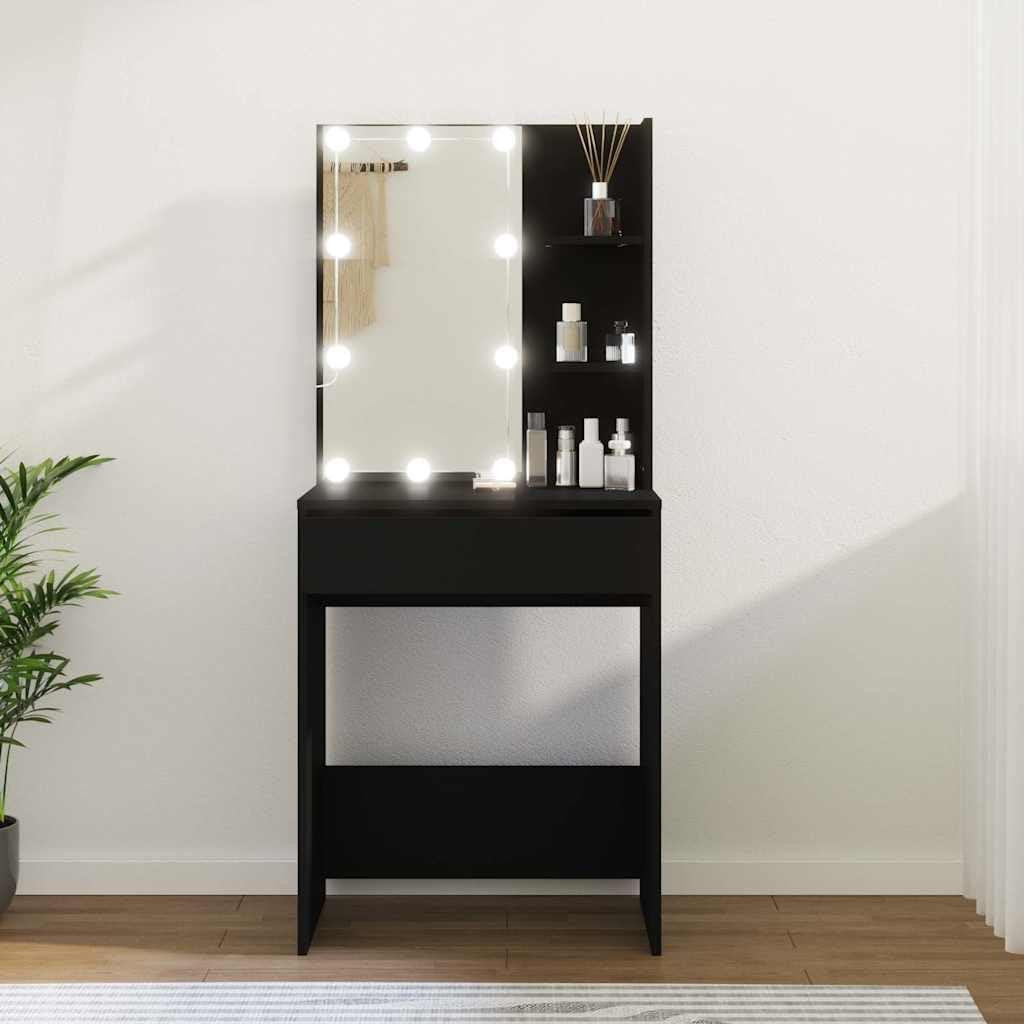 Selius Wandkaptafel met LED Verlichting en Ronde Spiegel - Zwart - B: 60 cm, D: 40 cm, H: 140 cm