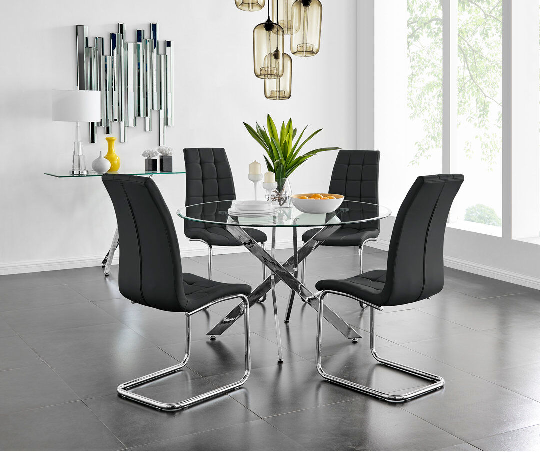 Canora Grey Tierra Modern Chrome Metal & Glass Round Dining Table Set with 4 Modern Faux Leather Chairs Black 4