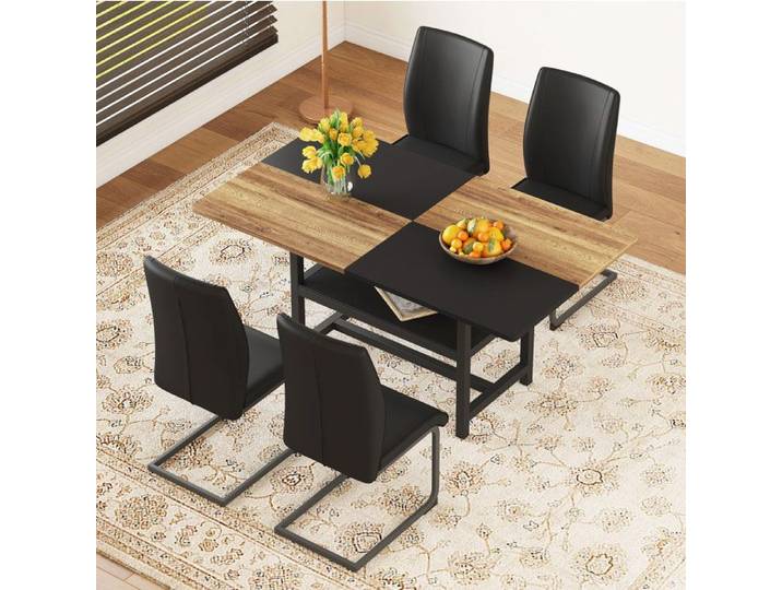 MEUBLIV Ensemble table à manger avec 4 fauteuils PU 160x90x76 cm MDF et métal noir et bois