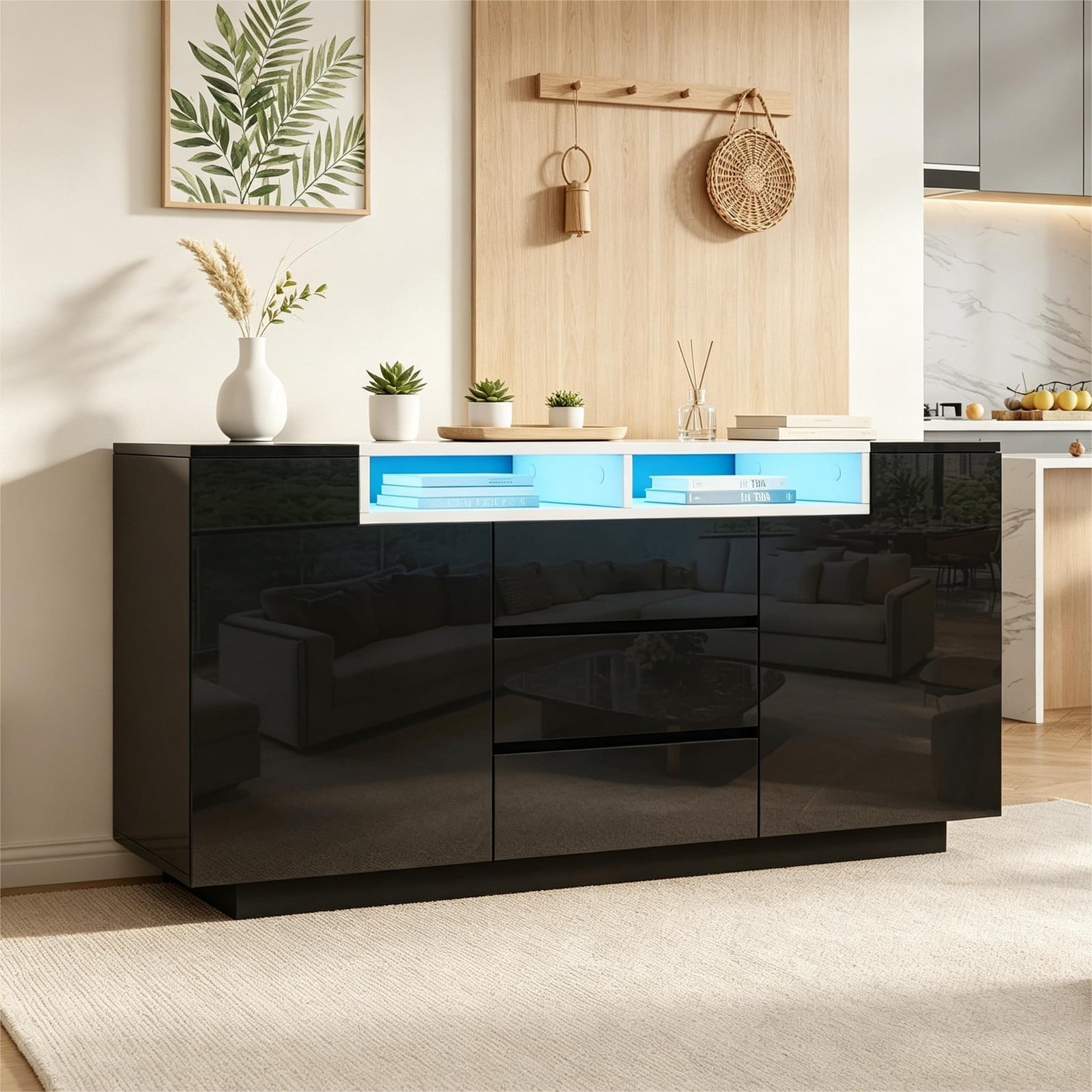OKWISH Glanzende commode met LED-verlichting en 3 lades, zwart