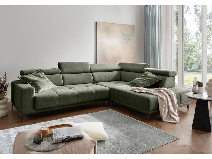 Ecksofa mit Sitztiefenverstellung Grün Webstoff Jimin 304 x 95 x 225cm Ottomane davorstehend rechts Modern