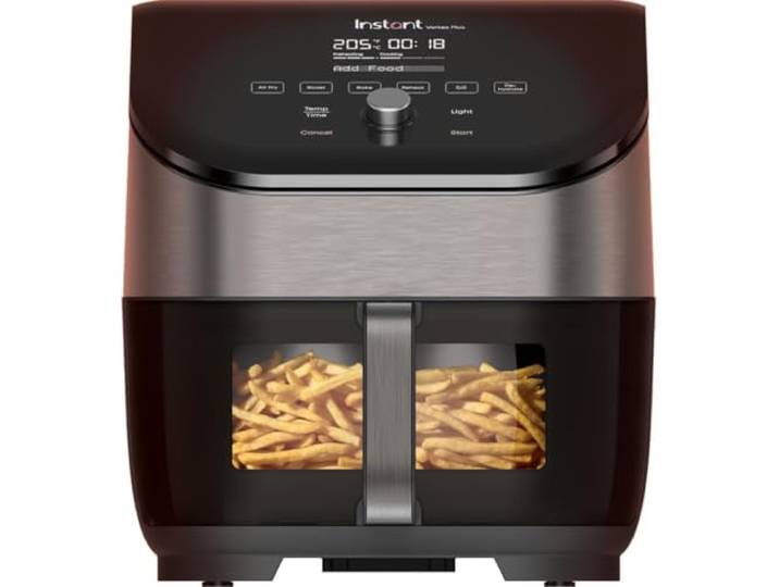 Instant Vortex Plus mit ClearCook - 5.7L Digitale Gesunde Heißluftfritteuse, Edelstahl, 6-in-1 Smart Programme - Frittieren, Backen, Braten, Grillen, Dehydrieren, Aufwärmen, Große Kapazität -1700W