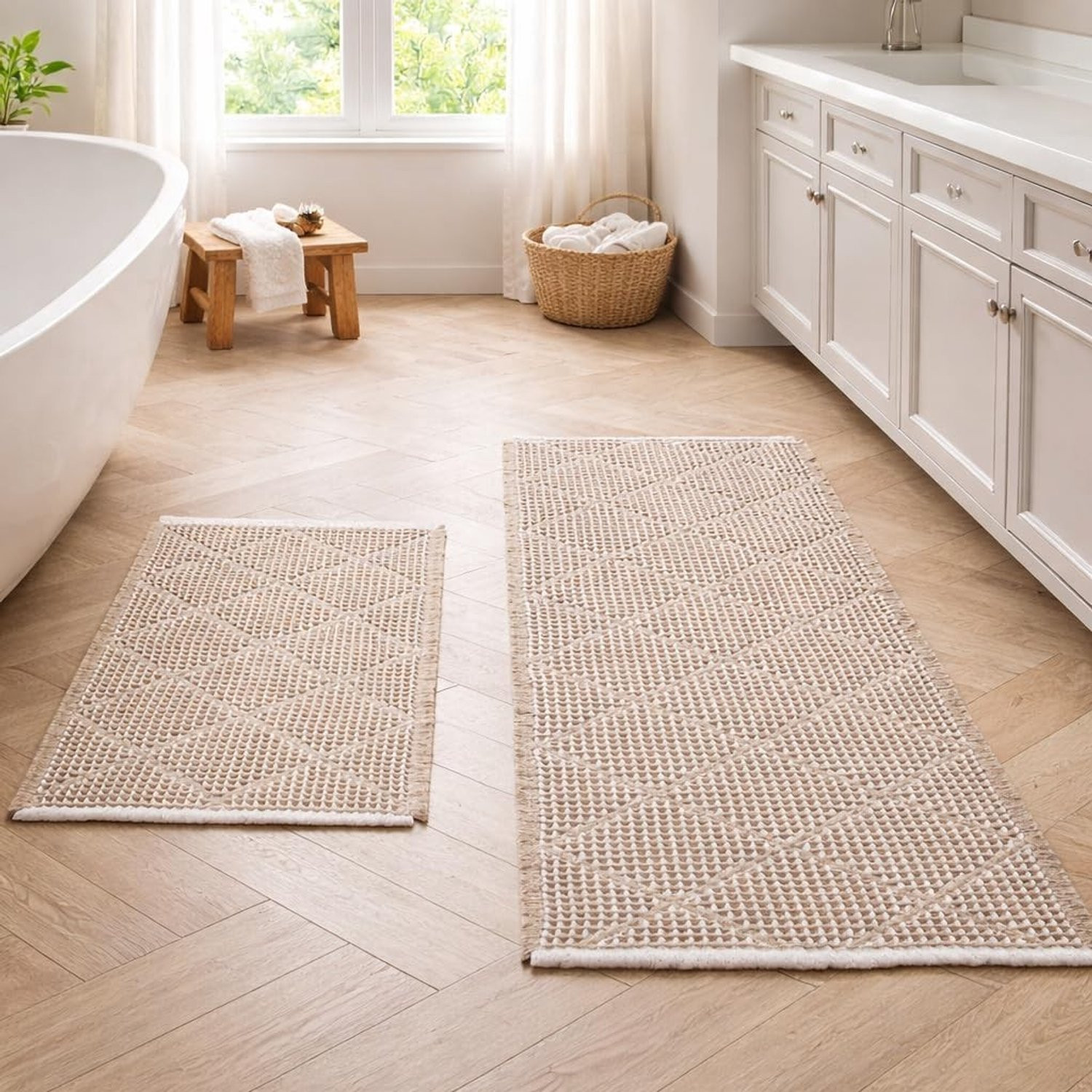 Set van 2 grote antislip badmatten in bohemian stijl met rhombisch patroon, bruin