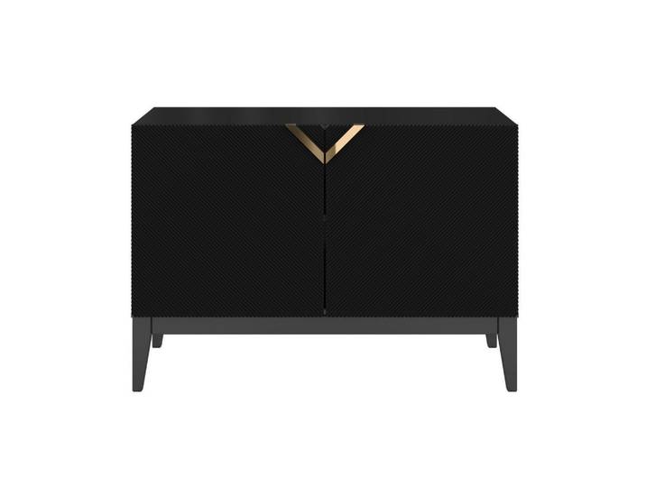 Visby Sideboard Demi 2D Long, Schwarz-Gold, Mit Gefrästen Fronten, Massive Buche, Buchenholz, 100.5x70x42 cm, Kleinmöbel, Kommoden, Sideboards