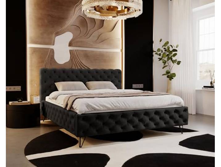 Emporius Polsterbett 180x200cm Laval - Glamour Bett mit Lattenrost, Kopfteil - Doppelbett Samt Schlafzimmerbett Chesterfield - Velvet (Schwarz - Kronos 07)