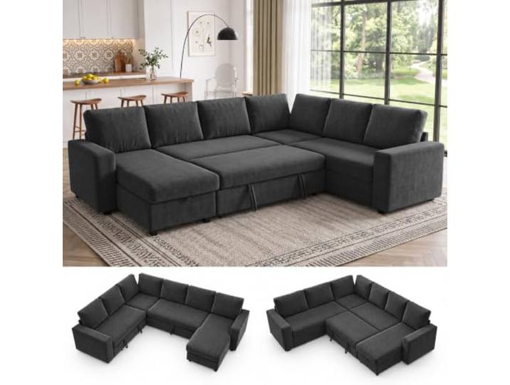 NOVOYO Chenille U-förmiges Eckschlafsofa mit ausziehbarem Bett, Grau modulares Design, eingebaute Aufbewahrung, Sofas für Wohnzimmer/Wohnungsgäste zum Schlafen, abnehmbare Kissen
