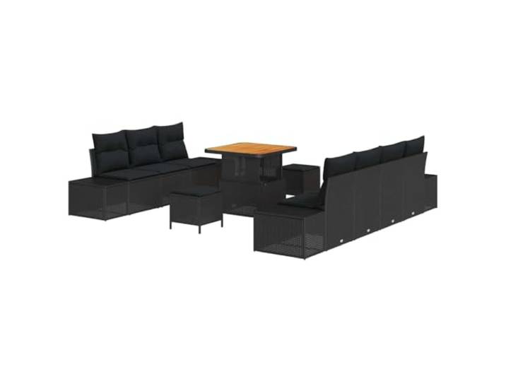 KTHLBRH Gartenmöbel-Set, 10-teilig, Polyrattan, Schwarz Modulare Sessel, Beistelltisch aus Akazie, höhenverstellbare Tischplatte, Stahlbeine, Kissen im Lieferumfang enthalten