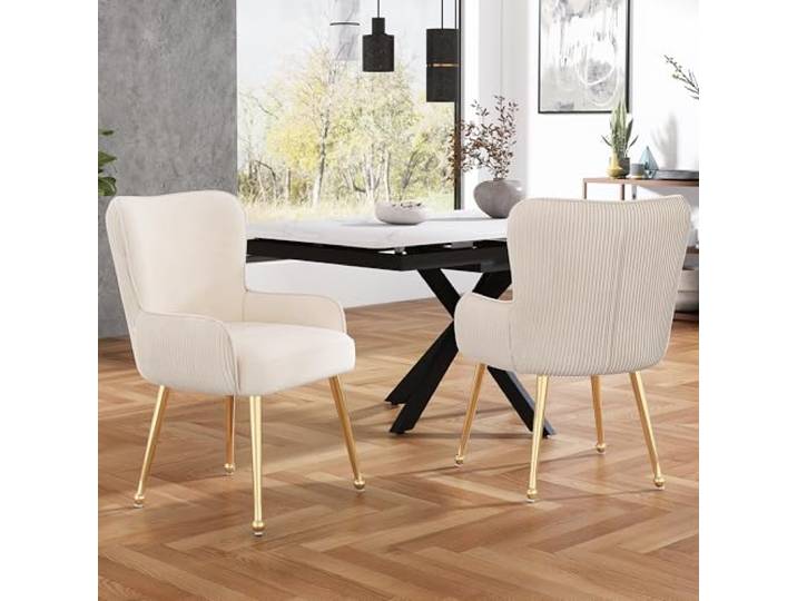 Ball & Cast Samt Esszimmerstühle (2er Set), Gepolsterte Wohnzimmerstühle mit Vertikalen Streifen, Luxuriöser Esszimmerstuhl mit Bequemer Rückenlehne, Beige