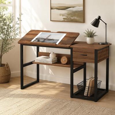 "47.2"" Drafting Table, Drawing Computer Desk with Storage Drawers"