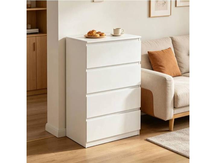 Commode 4 tiroirs blanche design minimaliste meuble rangement bois effet mélaminé chambre salon entrée cuisine TYNQER