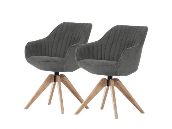 home24 Drehbarer Armlehnenstuhl Massivholz Textil 65 x 60 x 83 cm Eiche lackiertes Gestell, sicherer Stand, skandinavisches Design, für Küche oder Bar