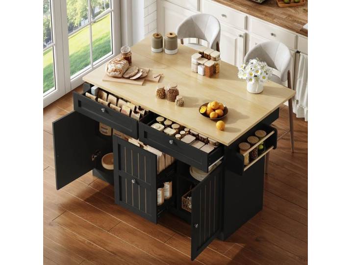 Îlot de cuisine extensible sur roulettes Chariot Desserte de cuisine avec plan de travail pliable 4 tiroirs 2 portes - noir