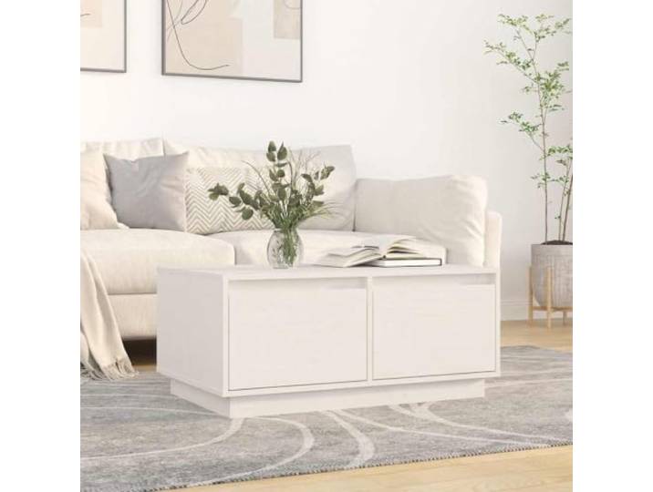 HEFZGDB Couchtisch Weiß 80x50x35 cm Massivholz Kiefer mit 2 Schubladen Stauraum, geräumige Tischplatte, Stabiler Holzrahmen, rustikale Optik, Wohnzimmertisch Beistelltisch