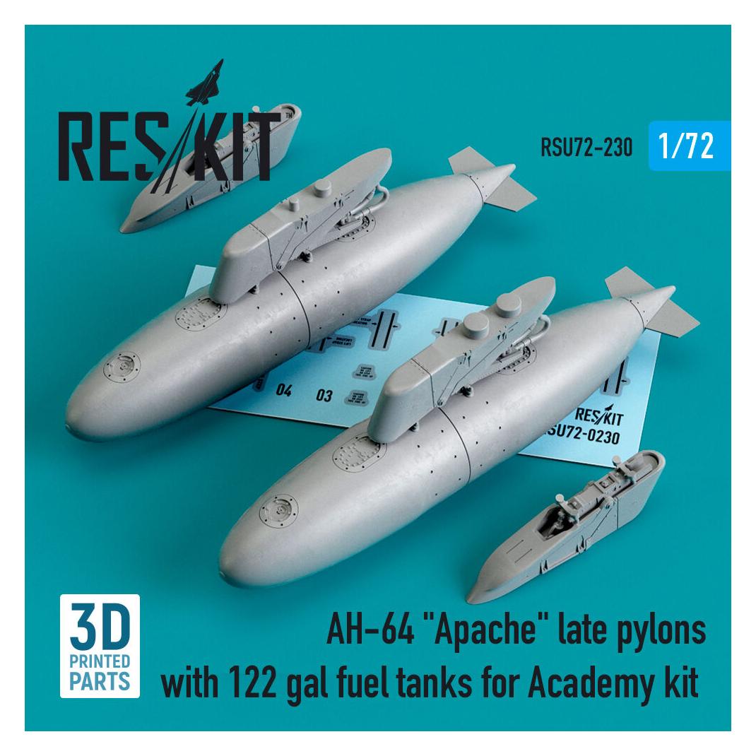 ResKit AH-64 Apache late pylons with 122 gal fuel tanks for Academy kit (3D Printed) (RSU72-0230)