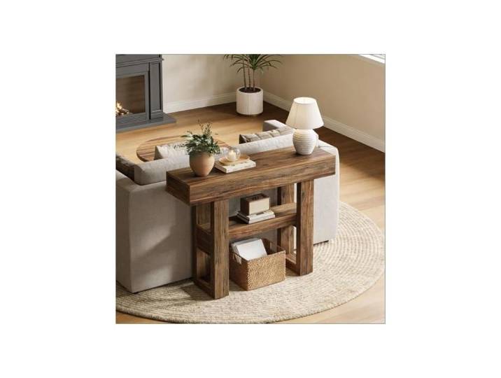 Console - ZEVKOR - 105x30x80 cm - 2 niveaux - Pieds réglables - Aspect bois marron