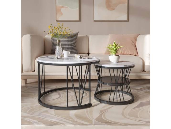 Table basse ronde-matériau marbre-structure métal-blanc-ensemble deux pièces